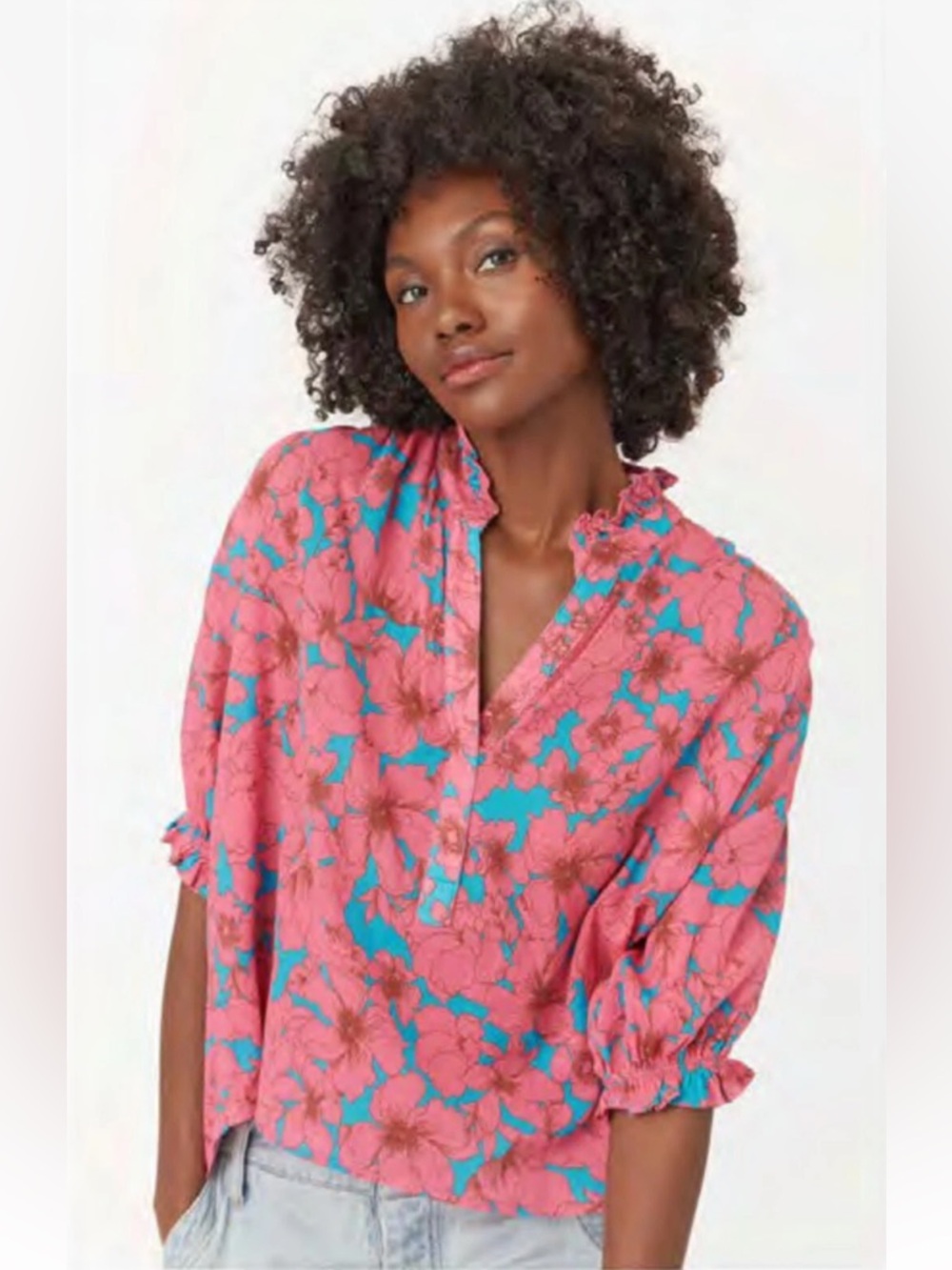 XiRENA Pink Floral Blouse with Teal Accents